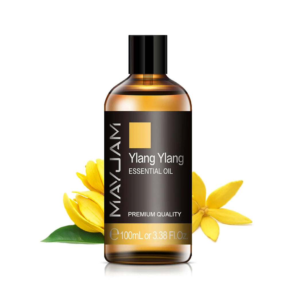 100 ml essential oil bottle, Ylang ylang scent, amber glass with black cap