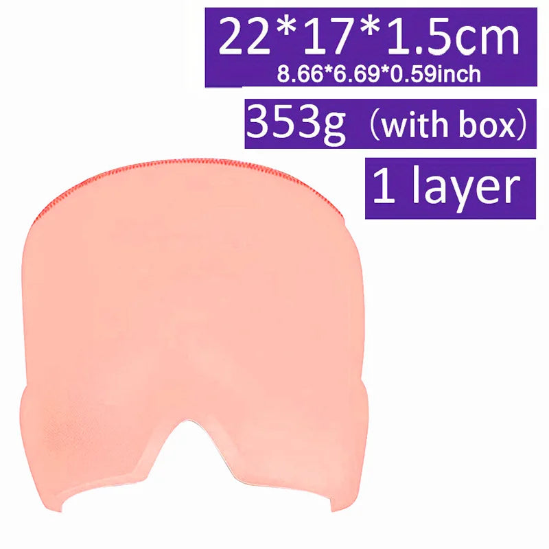 Pink gel ice pack migraine relief hat for cold therapy, headache tension relief, and sinus stress wrap, 22x17cm.