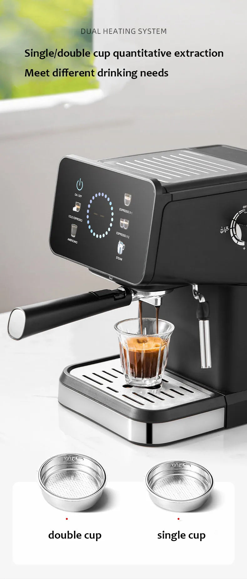 Black espresso machine with digital touch panel, steam wand, and single/double cup portafilter baskets.