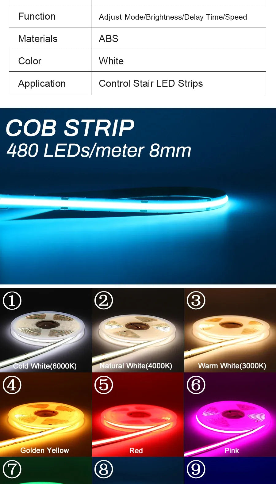 COB LED strip with color swatches: cold white, natural white, warm white, and more