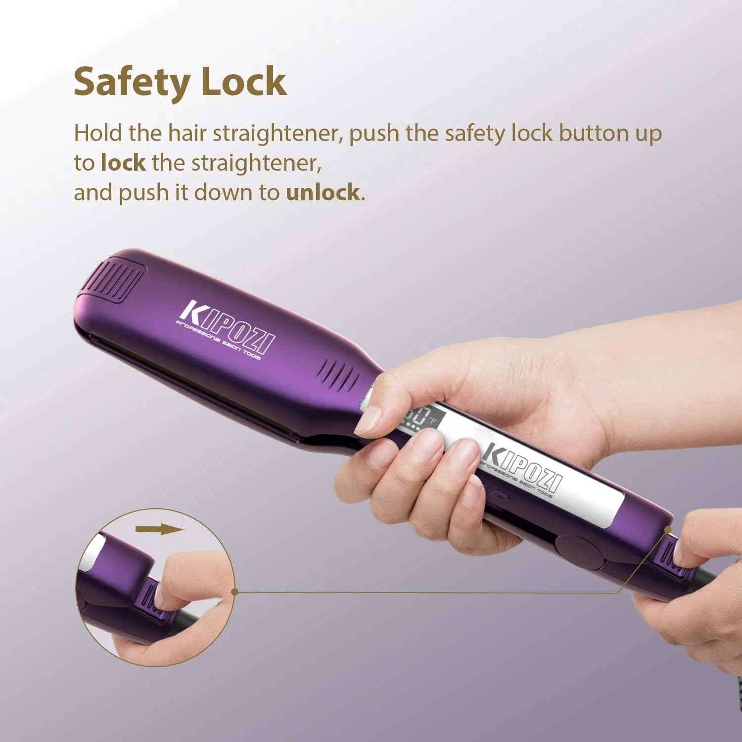 KIPOZI purple professional titanium flat iron with safety lock button and digital LCD display for hair styling.