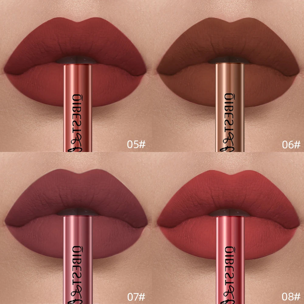 QIBEST long-lasting velvet matte liquid lipstick set featuring four pigmented red and brown shades on lips.