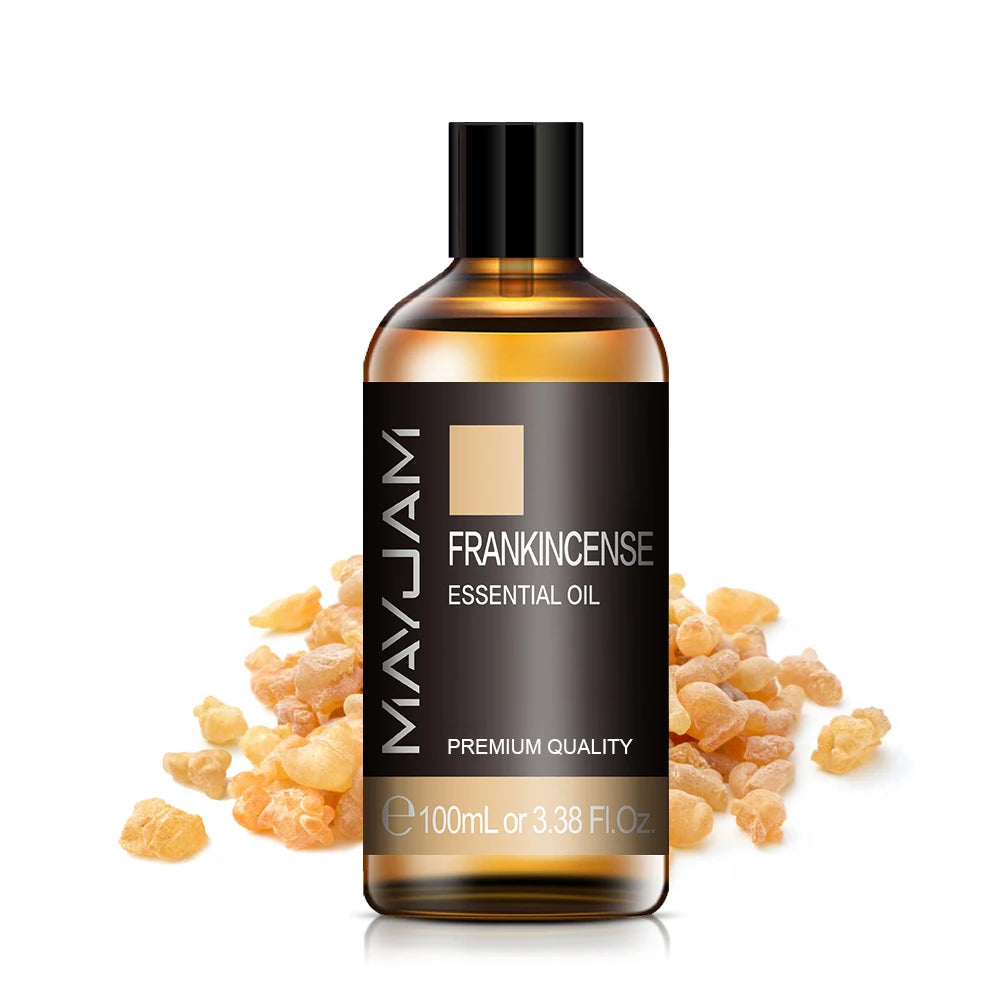100 ml essential oil bottle, Frankincense scent, amber glass with black cap