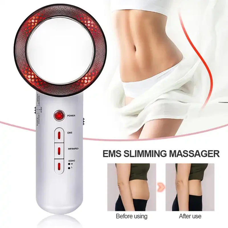 White, handheld ultrasonic slimming device with a circular red LED head and control buttons for EMS and infrared.