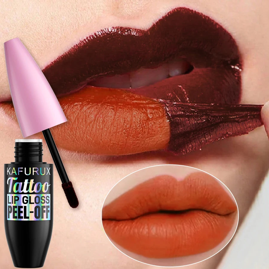 Kafurux peel-off lip gloss with dark wine stain and vibrant matte orange finish for long-lasting waterproof lip color.