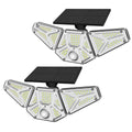 Pair of three-head solar wall lights with black solar panels and LED arrays