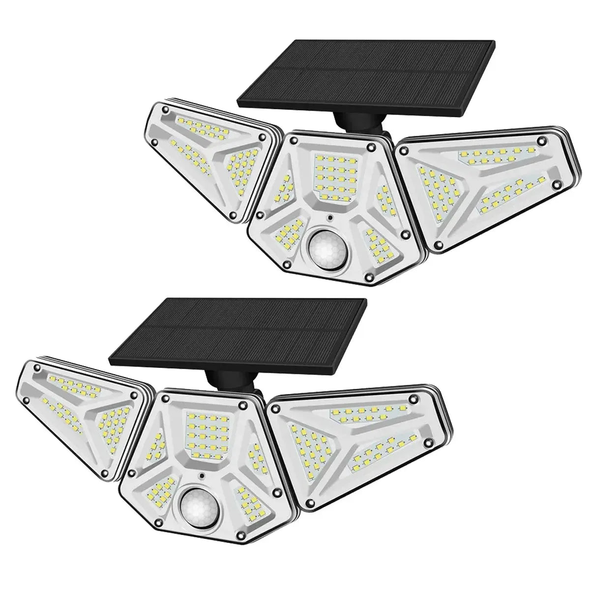 Pair of three-head solar wall lights with black solar panels and LED arrays