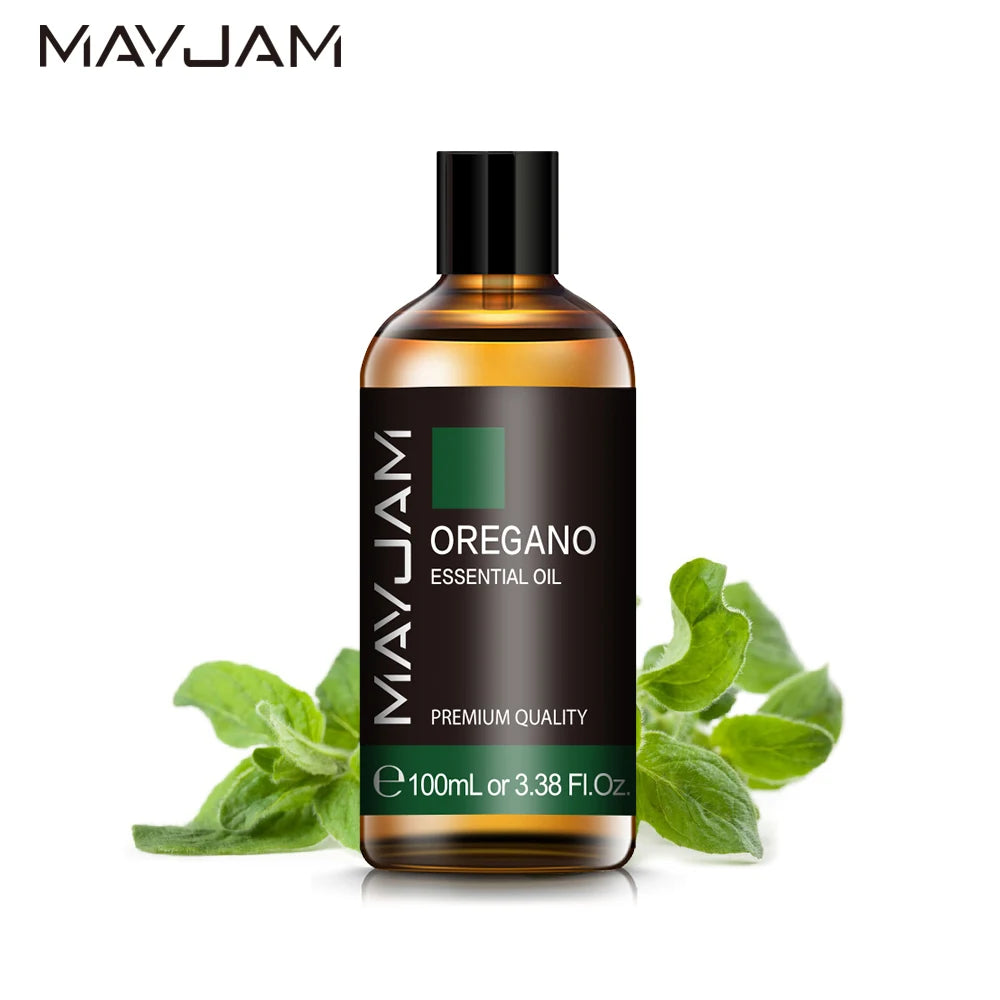 100ml oregano essential oil bottle with black cap and amber label for diffusers.