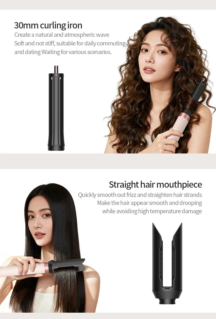 SenCiciMen 6-in-1 multi hair styler with 30mm curling barrel and straightener attachment in blush pink and black.