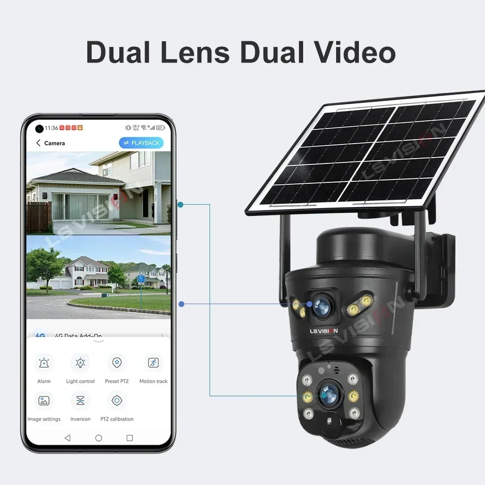 LS VISION Dual-Screen 4G/Wifi Outdoor Solar Camera Security 4K PIR Human Tracking CCTV Surveillance Camera V380 Pro Waterproof