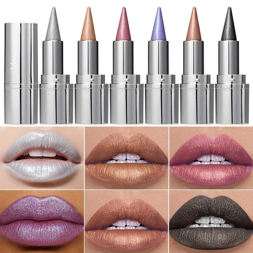 Long-lasting metallic glitter lipstick set in assorted shimmer shades for a waterproof, luminous lip makeup finish.
