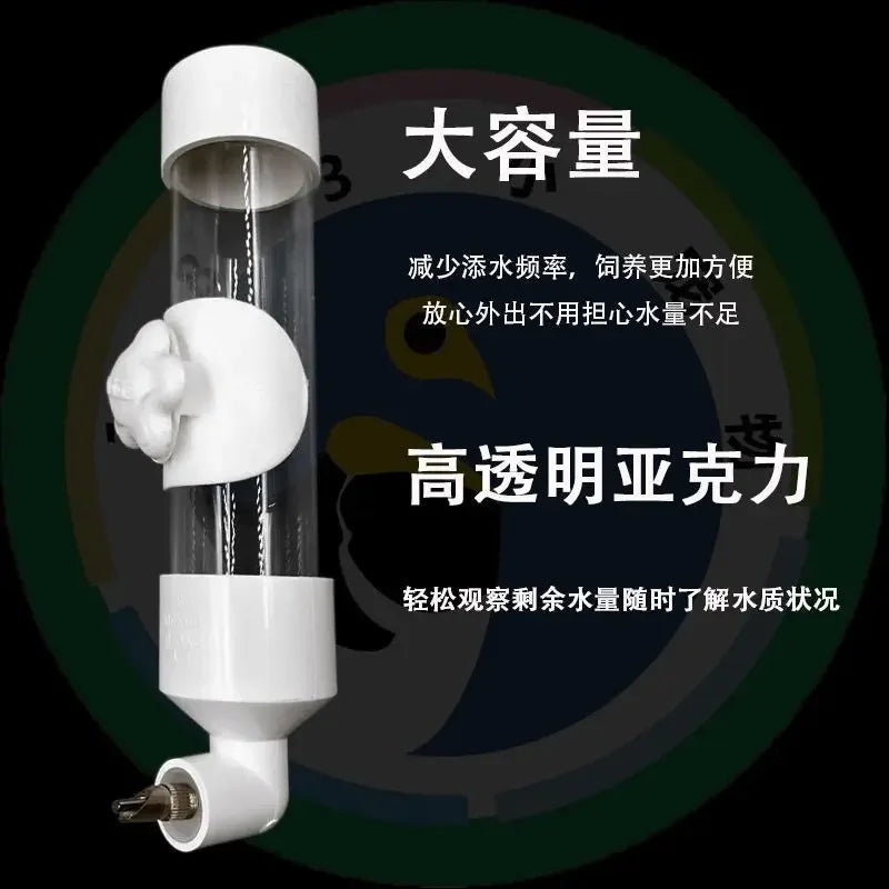 Large clear acrylic parrot water dispenser with needle feeder for easy monitoring and automatic hydration.
