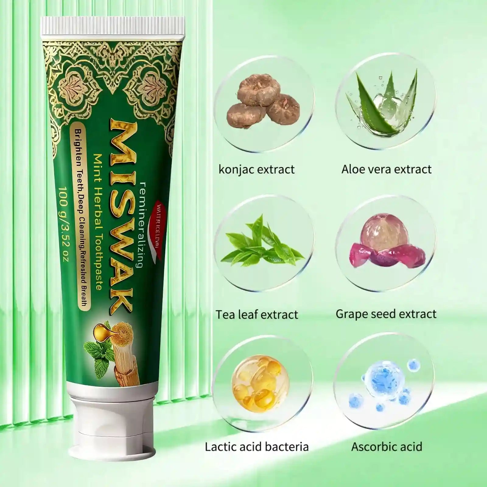 Tidesmit Miswak Remineralizing Mint Herbal Toothpaste tube for deep cleansing and natural teeth whitening.