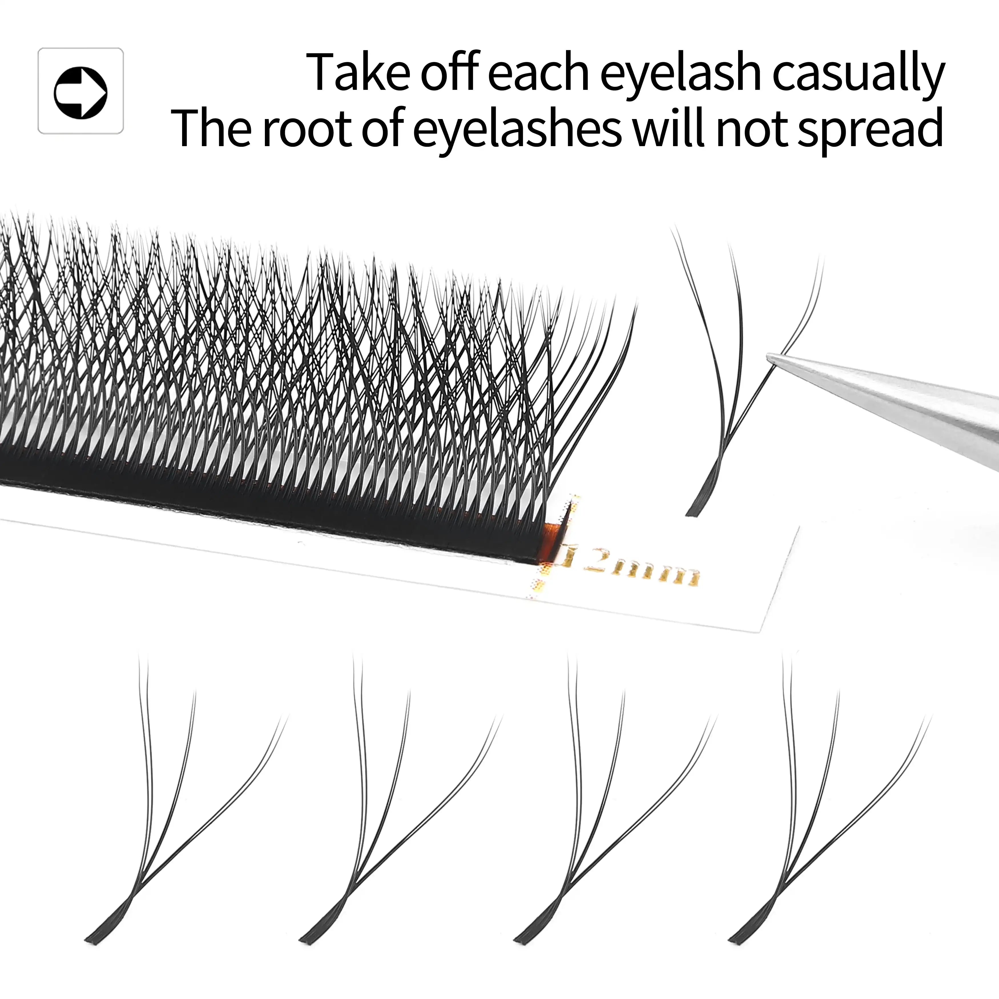 Black 4D pre-made eyelash extensions on an adhesive strip, shown being lifted by tweezers for volume lash application.