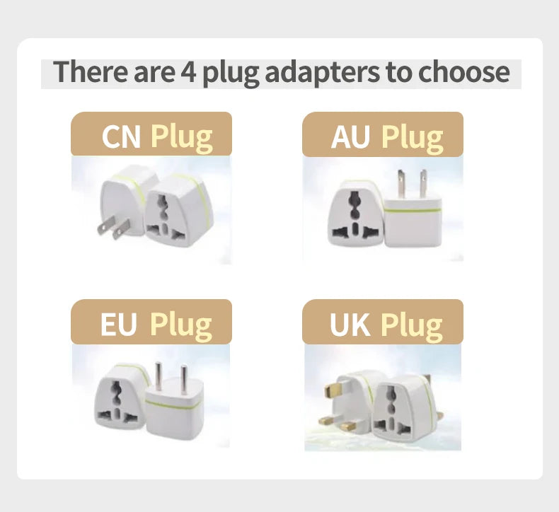 White universal travel power adapters for coffee and tea makers, featuring CN, AU, EU, and UK plug options.