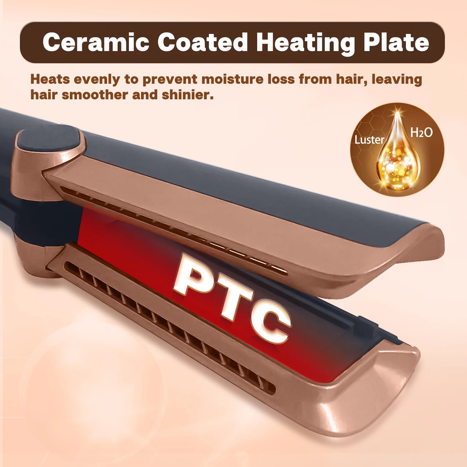 Black and rose gold 2in1 hair straightener with PTC ceramic heating plates for smooth, shiny, moisture-retained styling.