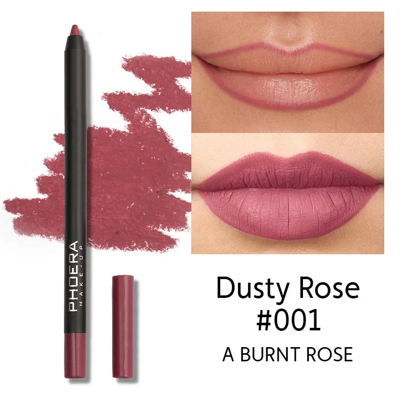 Matte dusty rose lip liner pencil in shade #001 for long-lasting, waterproof, non-stick lip makeup application.