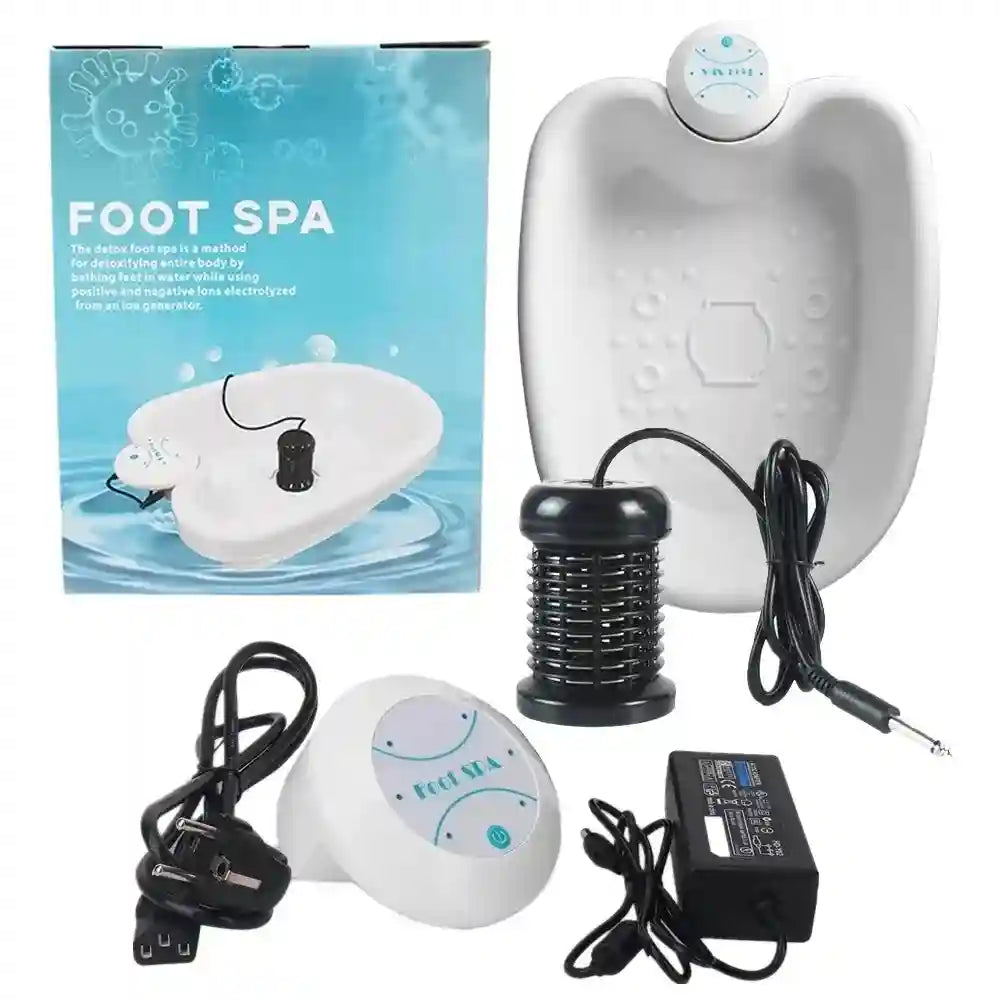 White electric detox ionic foot spa bath machine with ion array, control unit, and power adapter in product box.