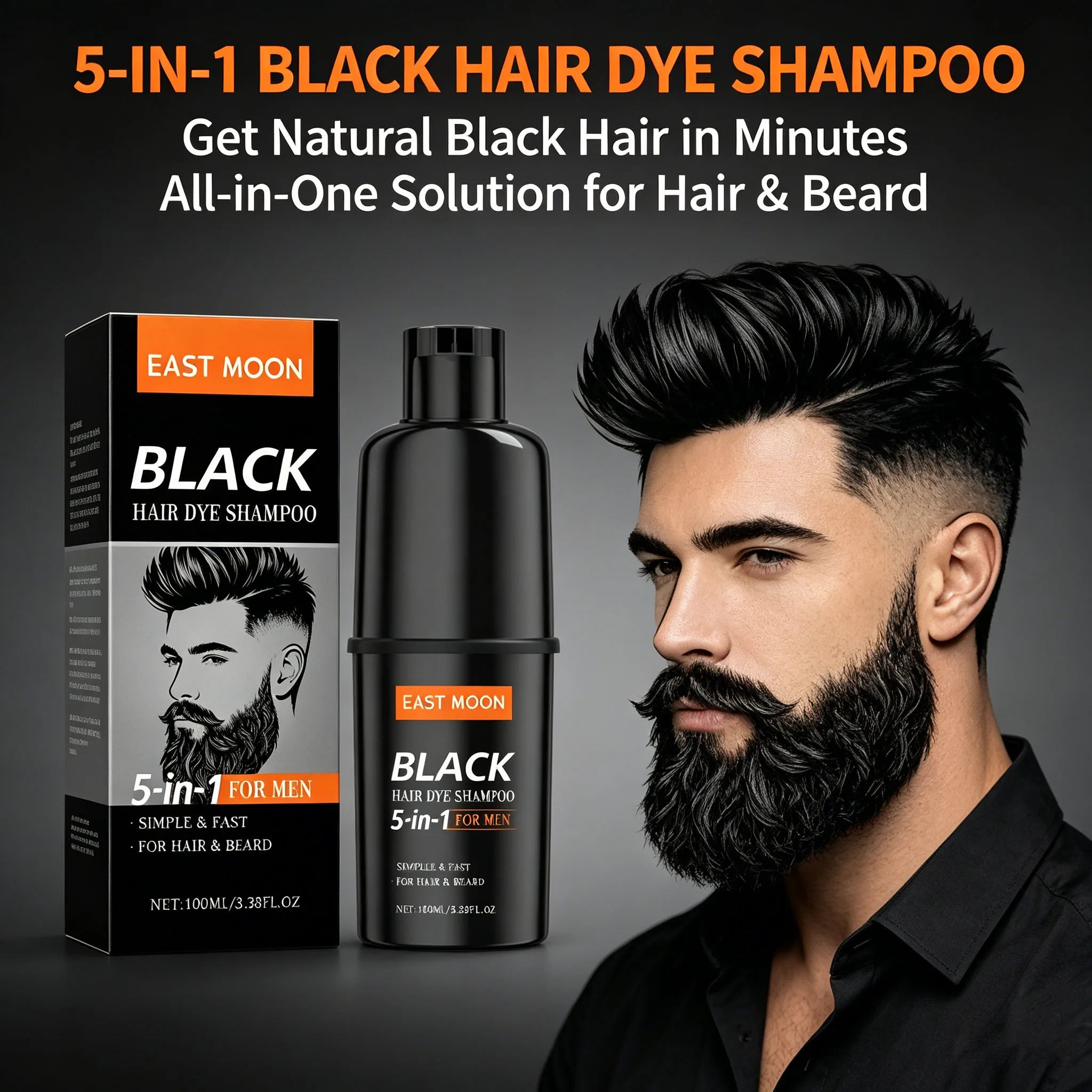 East Moon Men's Black Hair Dye Shampoo Fast Coloring Removal White Gray Hair Long Lasting Nourishing Natural Beard Dye Shampoo