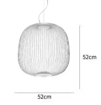 White wire cage pendant light, round, 52cm tall and 52cm wide, designed for indoor ceiling suspension.