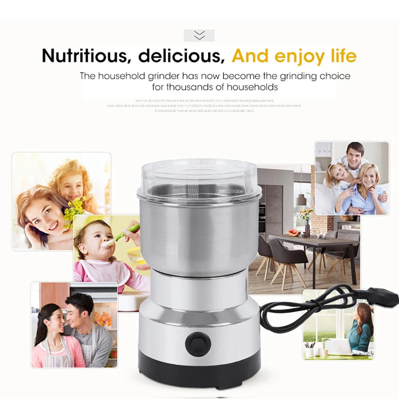 Compact stainless steel electric coffee and spice grinder with clear lid and black push-button base.