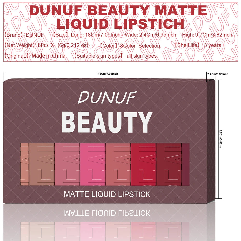 Dunuf Beauty 8pc matte liquid lipstick set in nude and red shades. Waterproof, long-lasting lip makeup gift box.