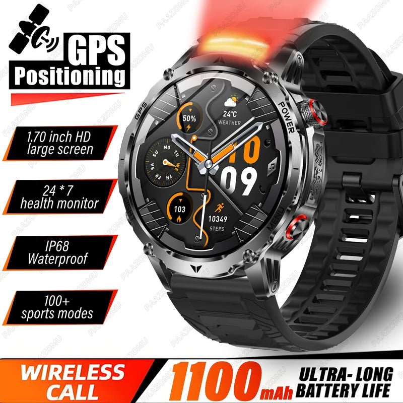GPS Outdoor Military Smart Watch Men 1100mAh Large Battery Flashlight+SOS COMPASS Bluetooth Call 10ATM Waterproof Sports Watches