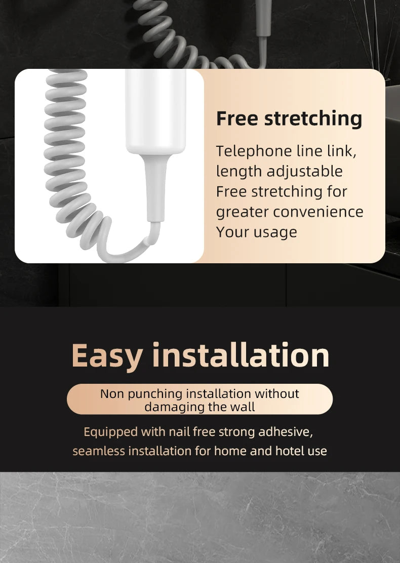 White wall-mounted hair dryer with stretchable coiled cord for home or hotel, featuring easy non-drill installation.