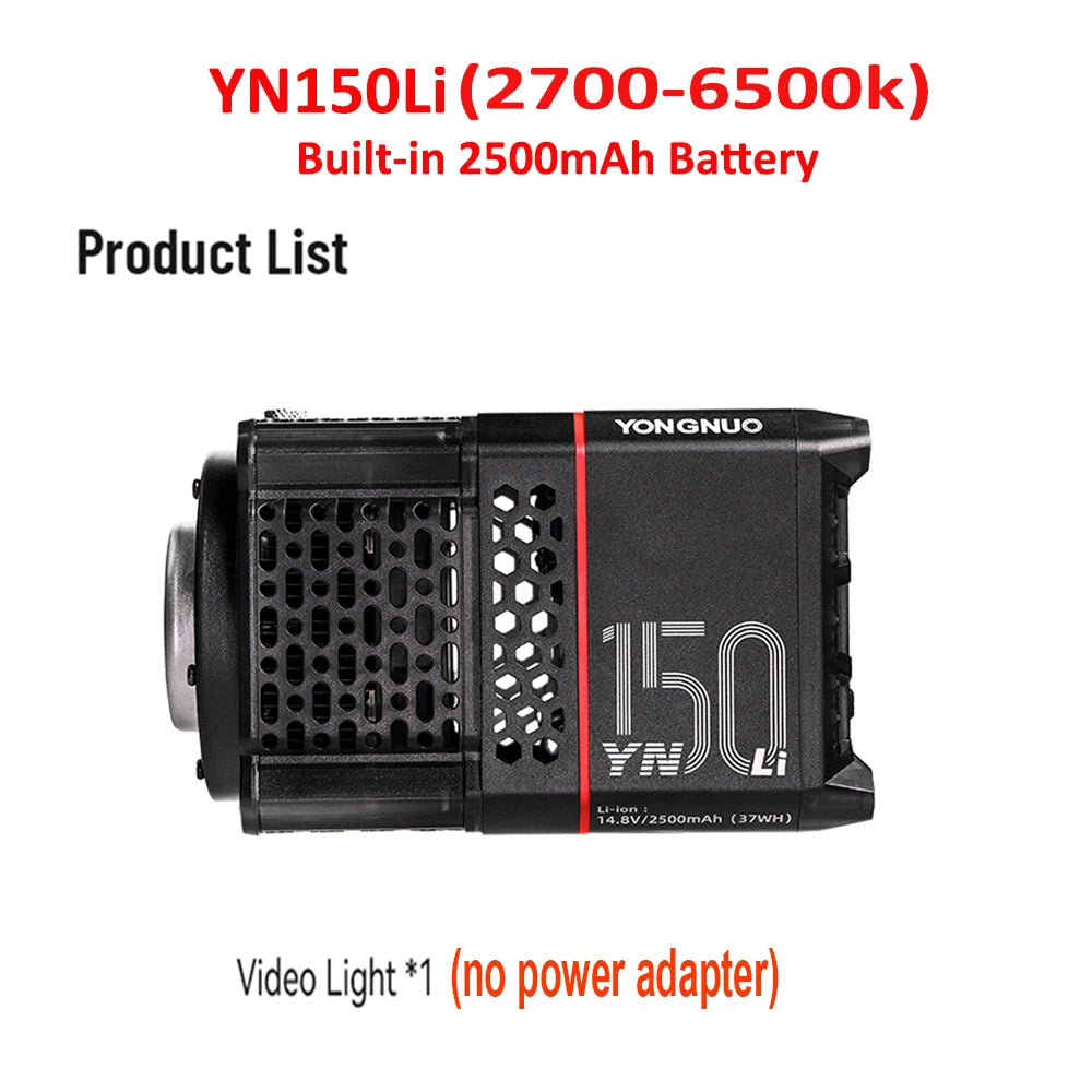 YN150Li compact black LED video light with honeycomb ventilation and a built-in 2500mAh lithium battery.