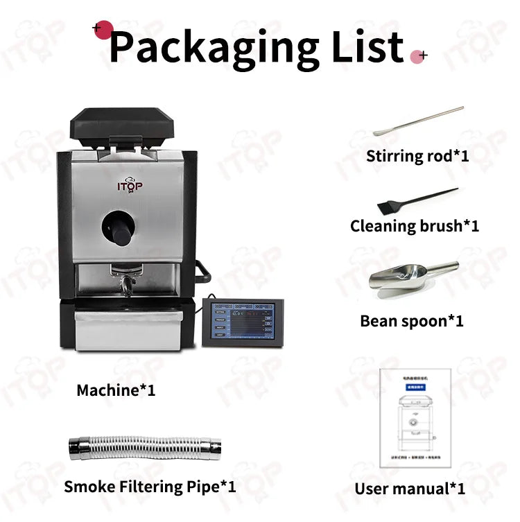ITOP professional stainless steel coffee bean roaster machine with digital display, smoke pipe, and accessories.