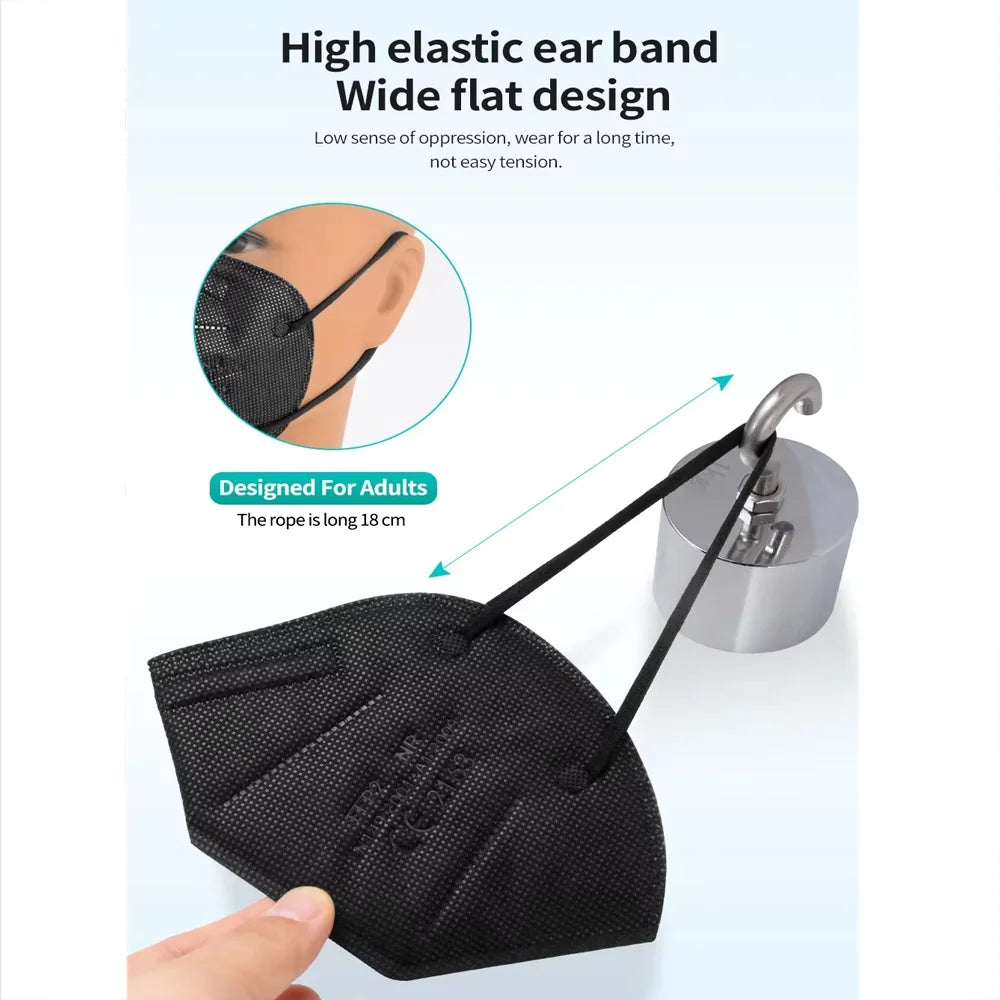 Black KN95 FFP2 face mask with high-elastic ear bands, showing 5-layer textured material and adult-size fit.