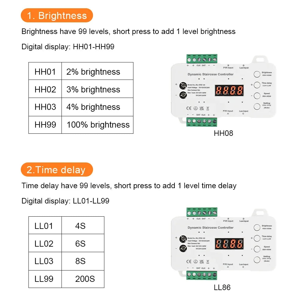 Stair light controller showing brightness and time-delay levels on digital display