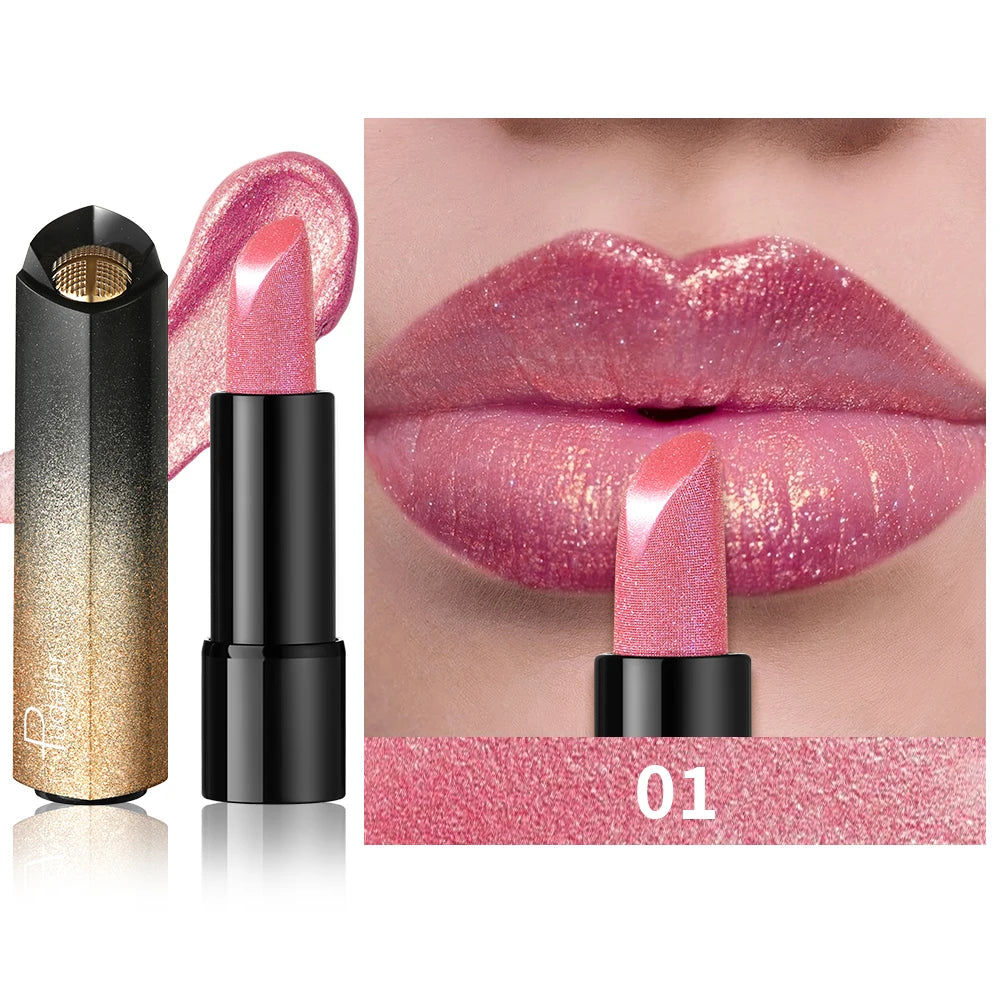 Pearly metallic pink lipstick with glitter shimmer finish, creamy texture, and high color payoff for party makeup.