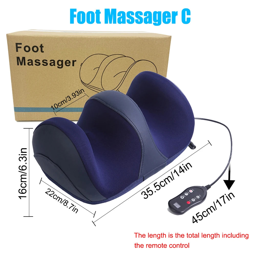 Blue electric heated foot and calf massager for deep tissue muscle relief with remote control and dimension labels.