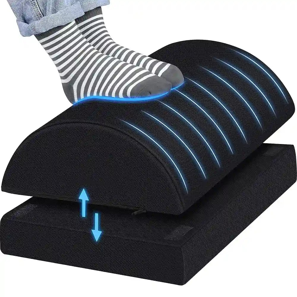 Adjustable black memory foam under desk foot rest for office and gaming chair back and hip pain relief.