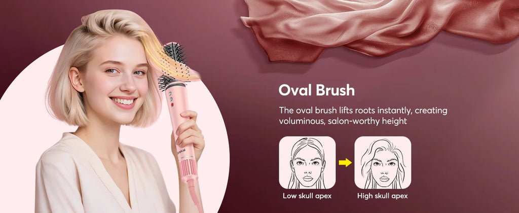 Woman using pink 1200W 5-in-1 hot air styler brush with oval attachment for voluminous, salon-style hair blowout.