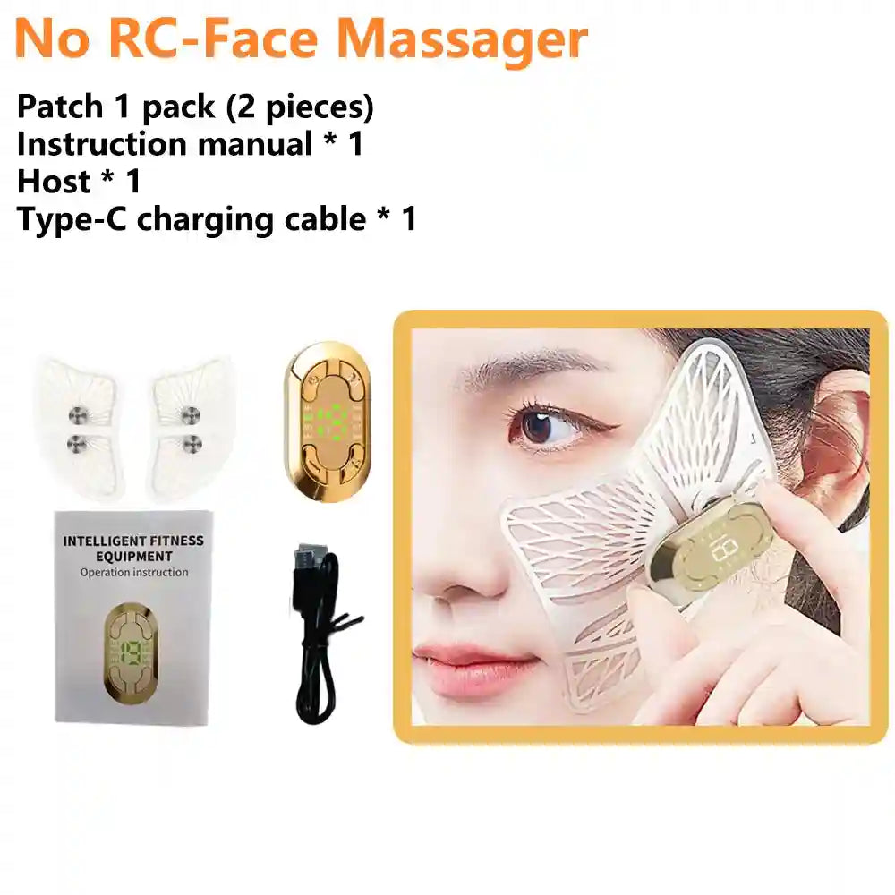 EMS facial massager kit with two butterfly-shaped adhesive patches, gold controller, instruction manual, and USB cable.