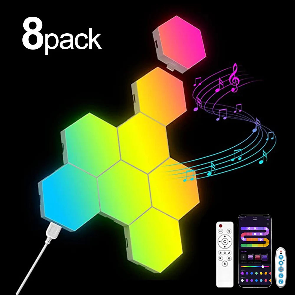 RGB Hexagonal Smart Wall Lamp - Modular Music Sync LED Lighting Kit 8 Pack Tidesmit