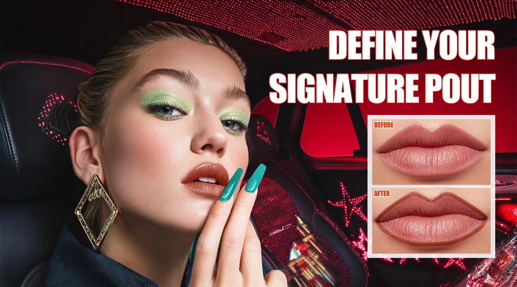Waterproof matte liquid lip liner pencil showing before and after lip plumping results in a natural brown-nude shade.