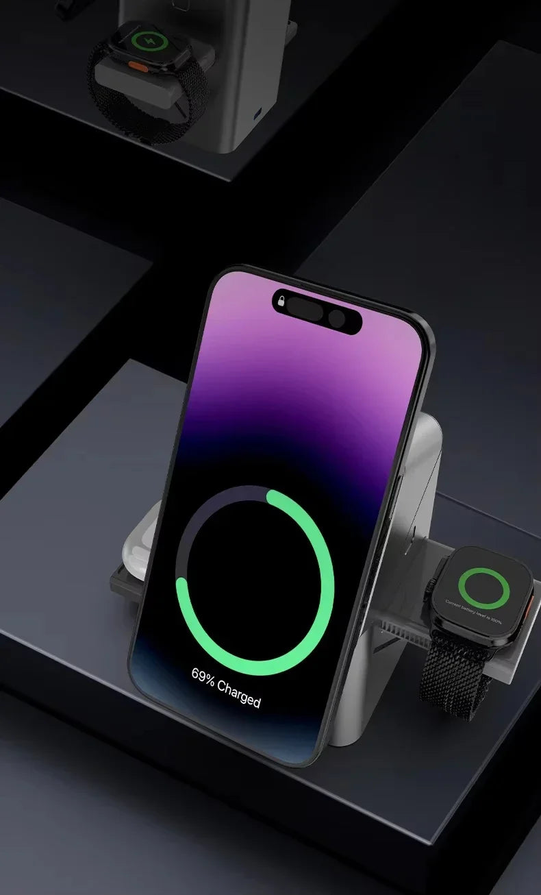 3-in-1 Fast Wireless Charger for iPhone, Apple Watch & AirPods - Grey Tidesmit