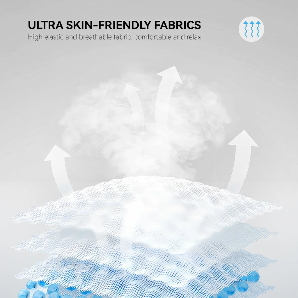 Close-up of white, breathable, porous fabric layers with upward-pointing arrows illustrating air circulation.