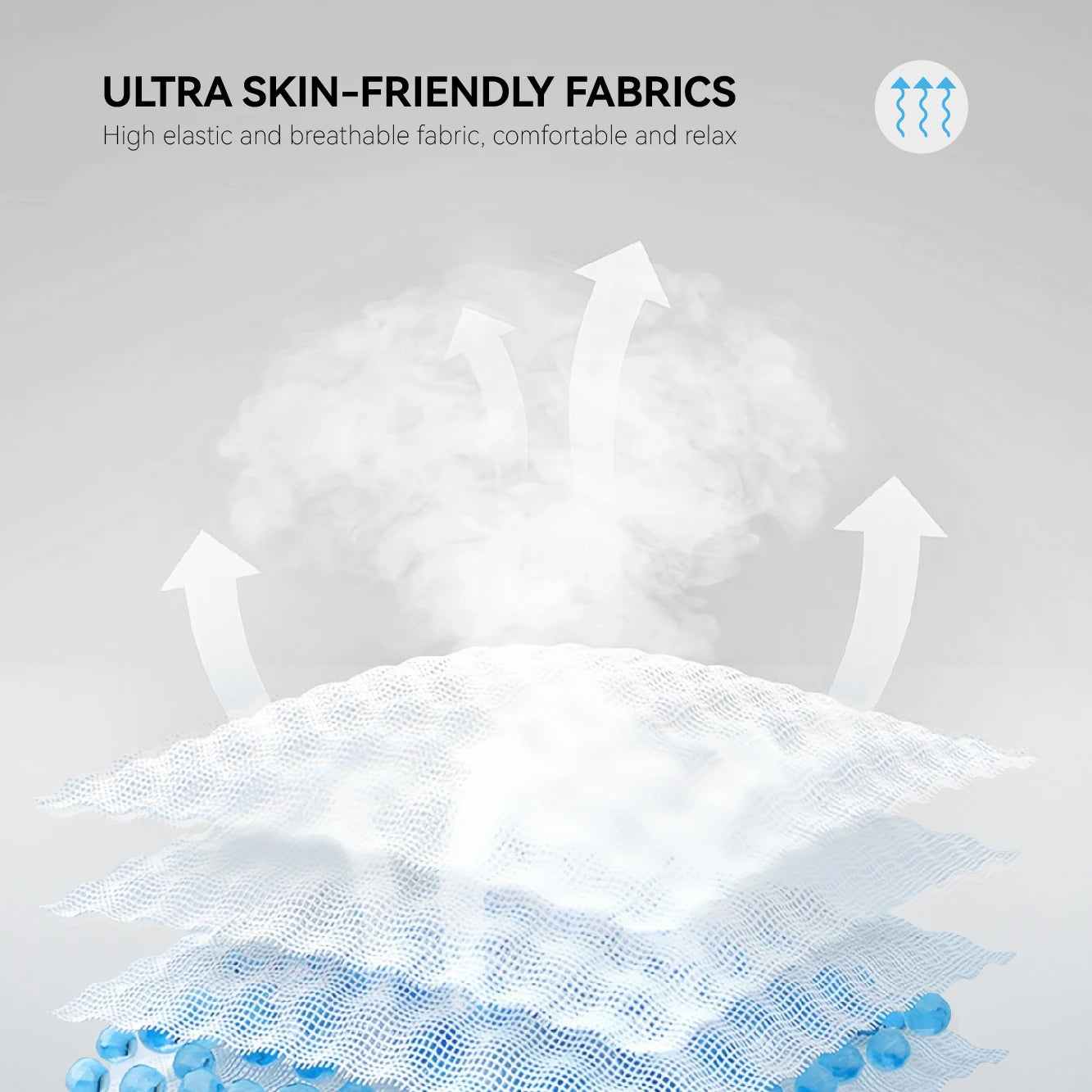 Close-up of white, breathable, porous fabric layers with upward-pointing arrows illustrating air circulation.