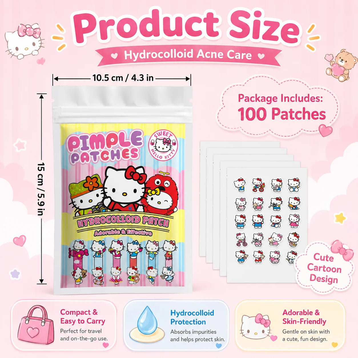 100PCS Hello Kitty Cute Face Stickers, Hydrocolloid Pimple Patches for Invisible Blemish Concealing