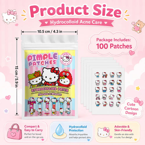 100PCS Hello Kitty Cute Face Stickers, Hydrocolloid Pimple Patches for Invisible Blemish Concealing