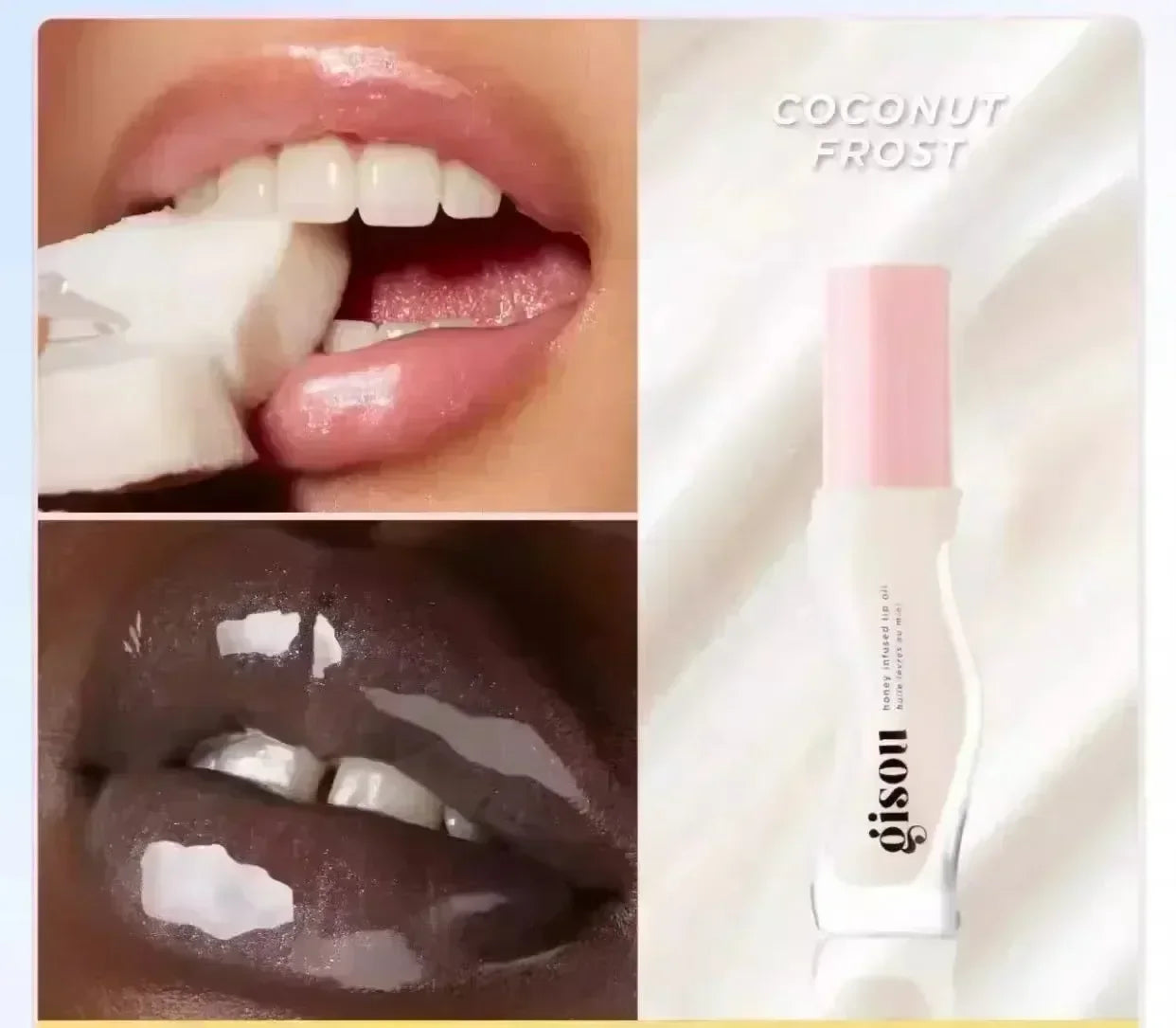 Gisou Honey Infused Lip Oil in Coconut Frost: moisturizing, high-shine clear lip oil that reduces visible lip lines.