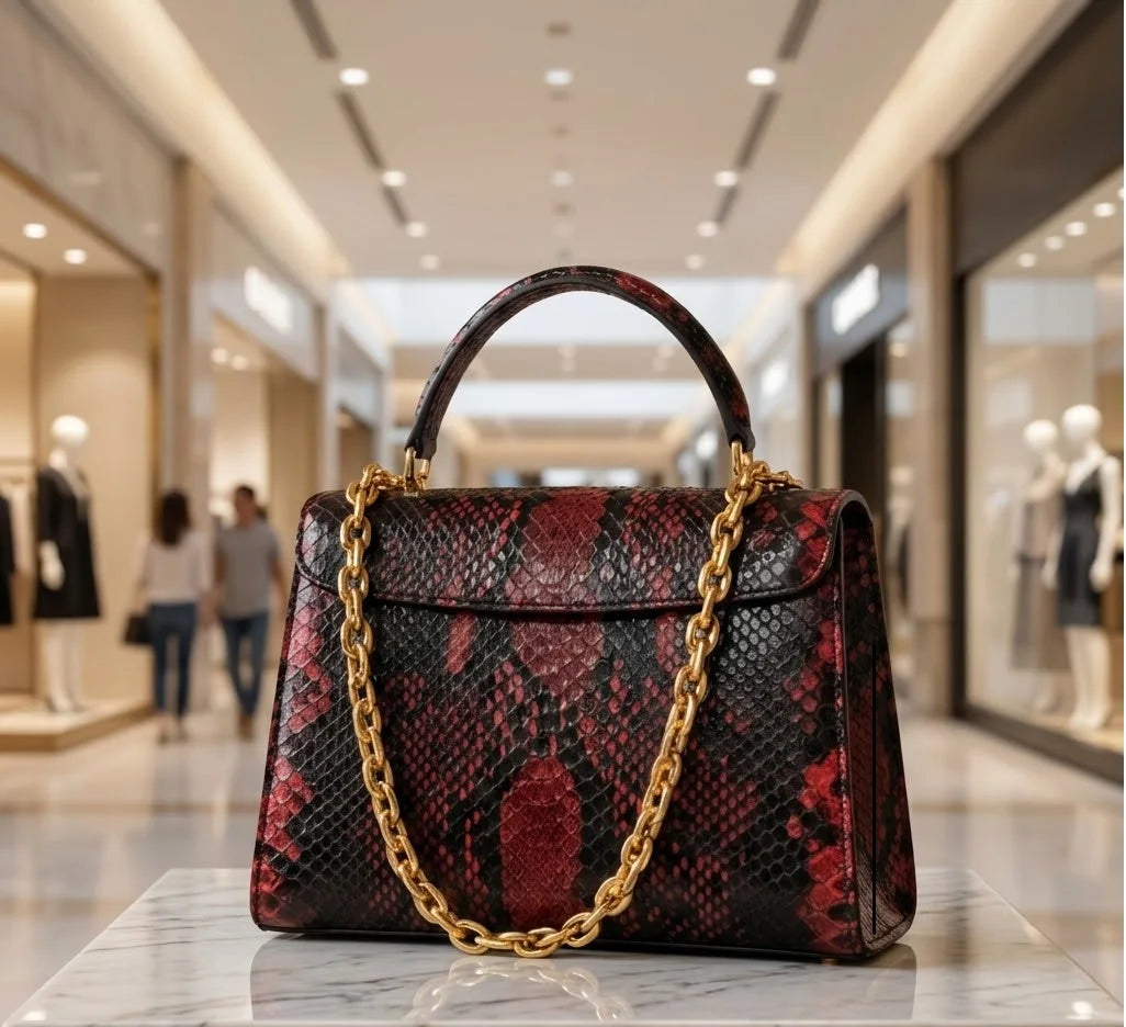 Red python leather vintage designer handbag with gold chain strap and top handle in a luxury retail setting.