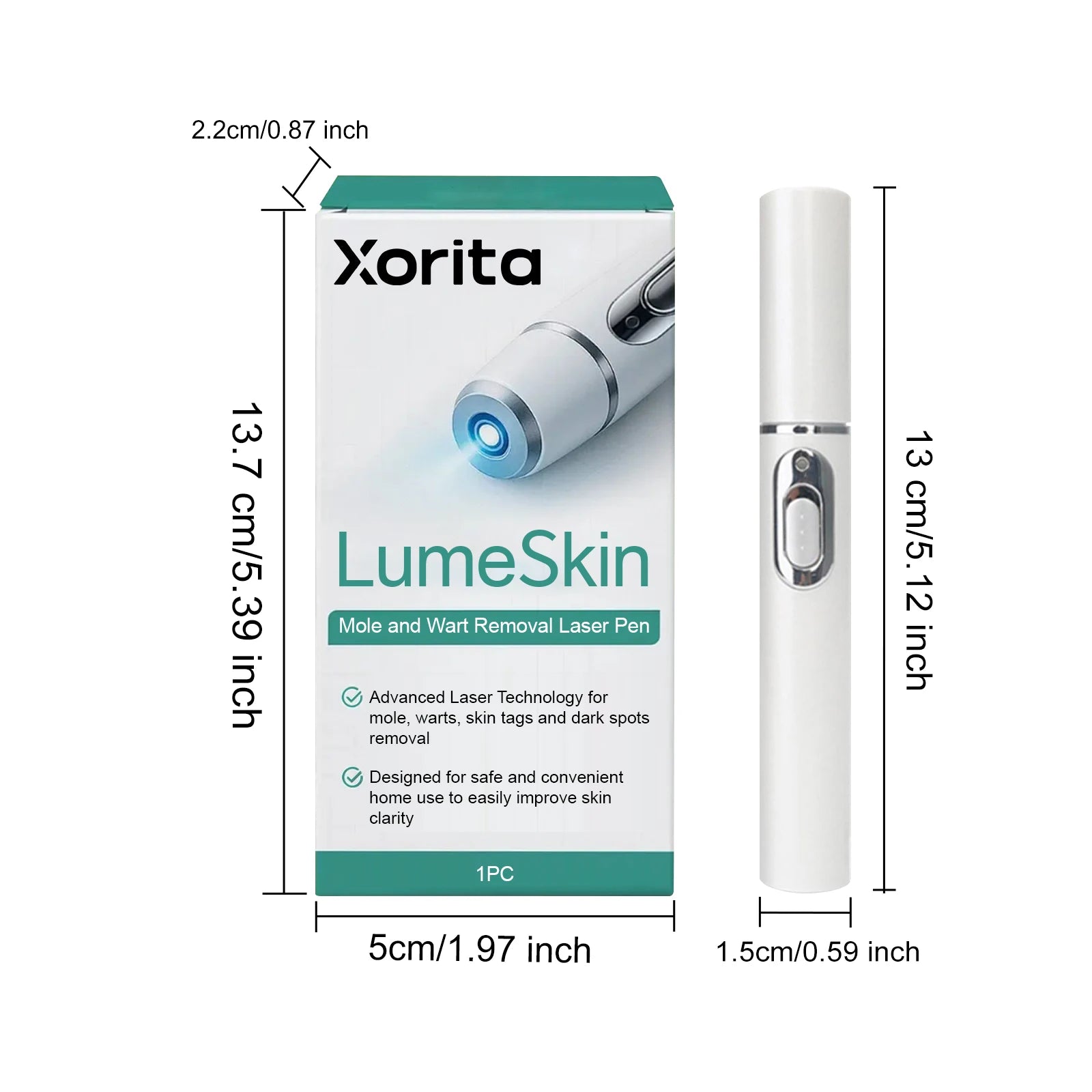 White Xorita LumeSkin mole and wart removal laser pen next to its retail packaging with product dimensions shown.