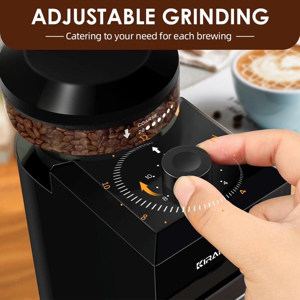Black Kira electric burr coffee grinder with adjustable 28-setting dial for coarse to fine grinding.