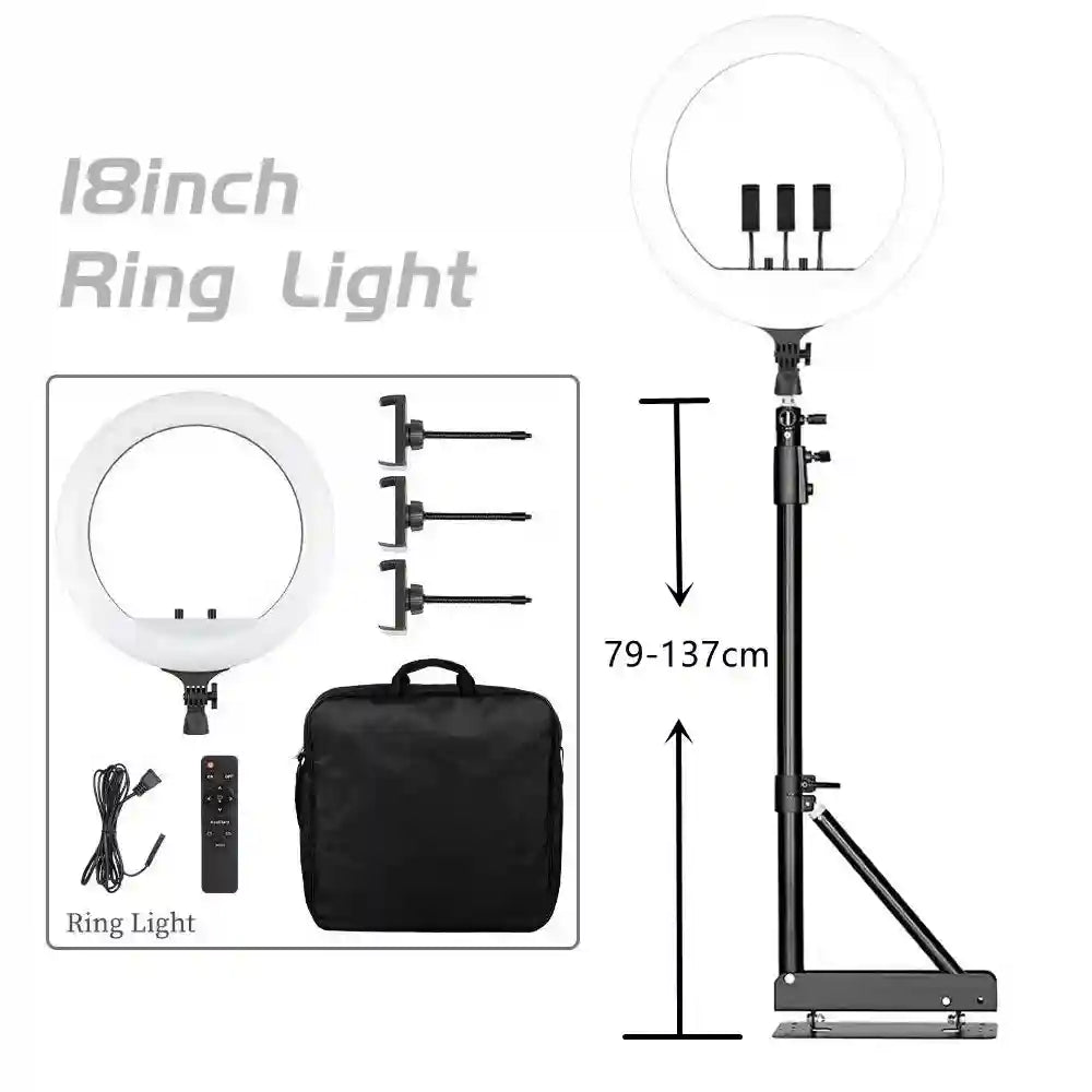 18-inch LED ring light with three phone holders, adjustable metal stand (79-137cm), power cord, remote, and carry case.