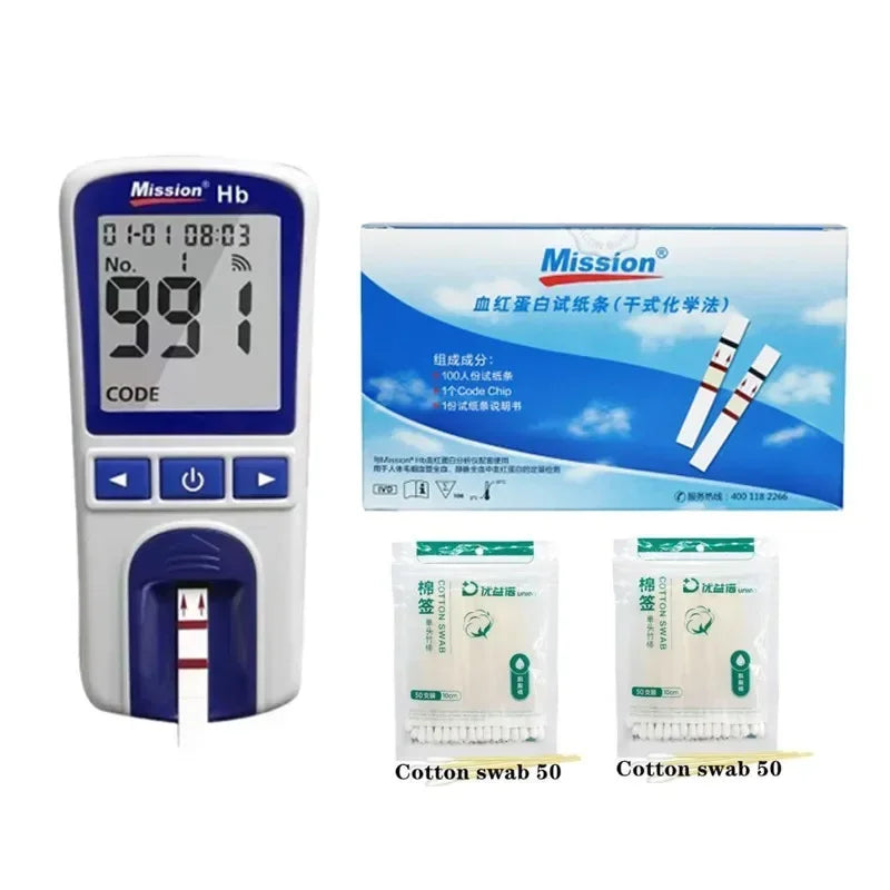Mission Hb hemoglobin tester with digital meter, 100 test strips, and cotton swabs for home anemia monitoring.